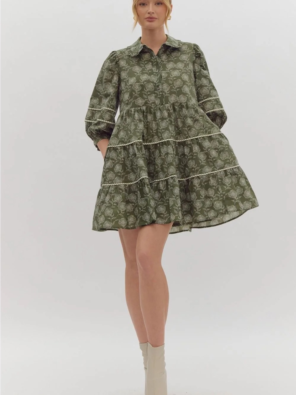 entro Olive Floral Button-Front Tiered Mini Fall Dress